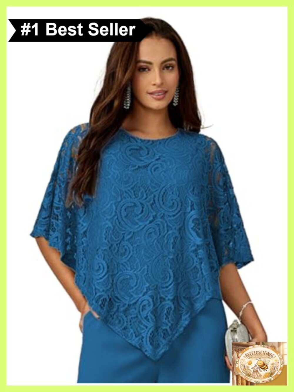Women's Stretch Soft Lace Poncho Top Batwing Half Sleeve Asymmetrical Hem Blouse